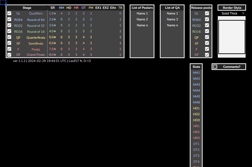 New mappool sheet template! Made improvements to Leo's mappool sheet:
- Custom map management and info autofill
- Default dark mode formatting for final releases
- CS/AR/OD now separated for final release
- Playtester feedback on each tab
- Mappool comments off final release