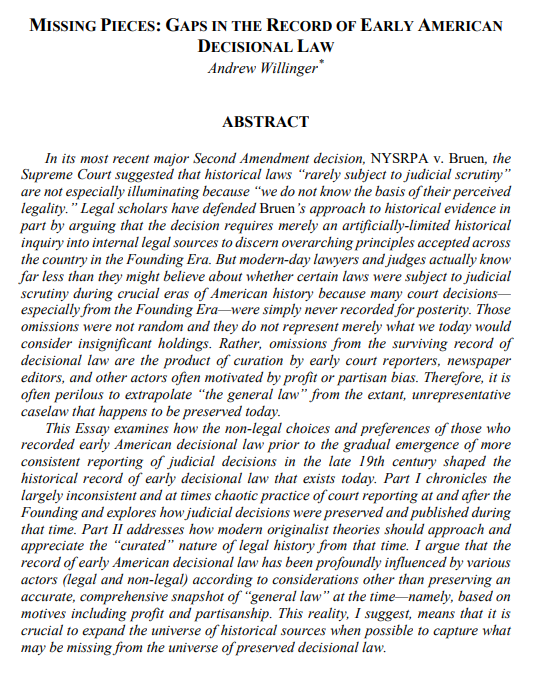 Andrew Willinger (@andrewwillinger) on Twitter photo I've now posted to SSRN my new essay forthcoming in <a href="/DukeLawJournal/">Duke Law Journal</a> Online, where I explore how to square originalist, history-focused methods of constitutional adjudication with the inconsistent realities of early American court reporting. papers.ssrn.com/sol3/papers.cf… I've now posted to SSRN my new essay forthcoming in <a href="/DukeLawJournal/">Duke Law Journal</a> Online, where I explore how to square originalist, history-focused methods of constitutional adjudication with the inconsistent realities of early American court reporting. papers.ssrn.com/sol3/papers.cf…