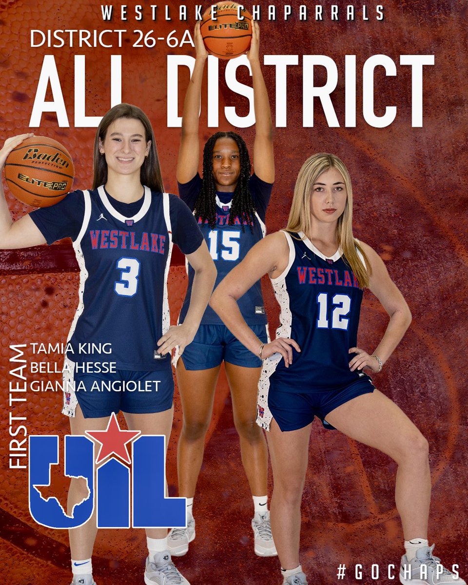Congratulations to Gianna Angiolet, Bella Hesse & Tamia King on their selection to the 26-6A All-District 1st Team. The trio averaged 40 points, 15 rebounds & 8 steals per game. Hesse led the team in assists & steals. King was the top rebounder & Angiolet led in scoring. #GoChaps
