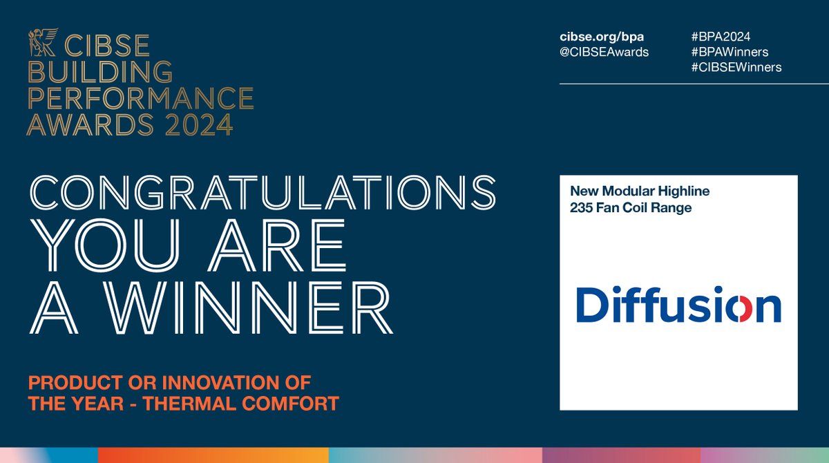 CIBSEAwards's tweet photo. Next, Product or Innovation of the Year - Thermal Comfort. Congratulations to this year’s #BPAWinner New Modular Highline 235 Fan Coil Range - Diffusion @DiffusionLondon! @CIBSE #BPA2024 https://t.co/eofr9G70WK