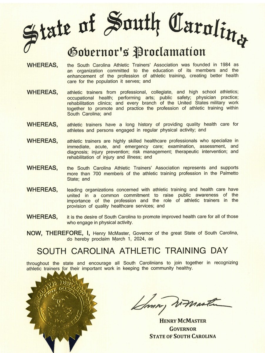 March 1, 2024 has been officially declared "South Carolina Athletic Training Day" by Governor McMaster and the South Carolina Senate! #scata #natm2024