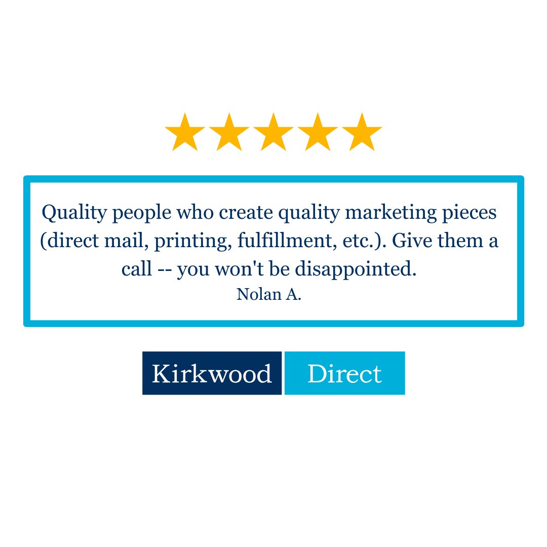 KirkwoodDirect's tweet photo. Nolan, thank you so much for taking the time to leave our team such a great review! 

Call Kirkwood Direct today to learn more about our expert direct mail marketing services. 

https://t.co/apZ84QbXPH https://t.co/Zt95Z8Wym3