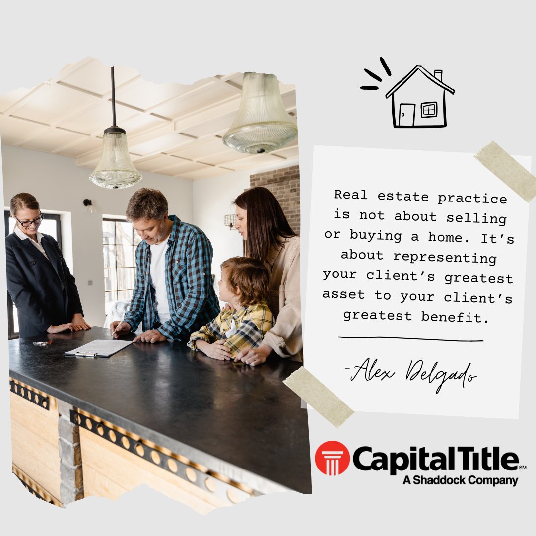 CapitalTitle's tweet image. Representing your client's dreams and aspirations, one home at a time. 🏡✨ Wise words from Alex Delgado reminding us of the true essence of real estate practice.  #RealEstate #ClientRepresentation #HomeOwnership #Wisdom #QOTD #QuoteoftheDay #TitleCompany #TitleAgent