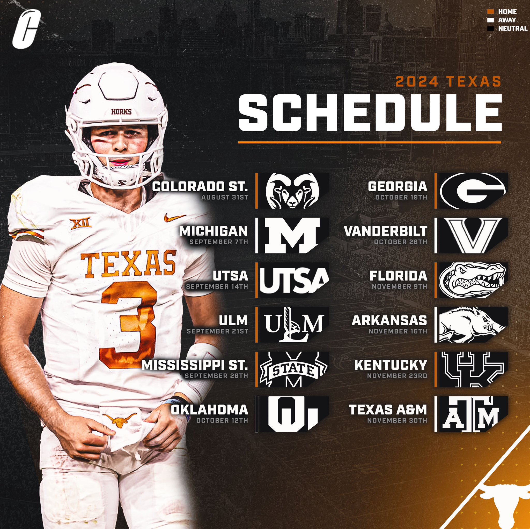 College Football Alerts on X Here is the 2024 Texas Longhorns schedule. How many games will they win this coming college football season https t w30uOC9PI8 X