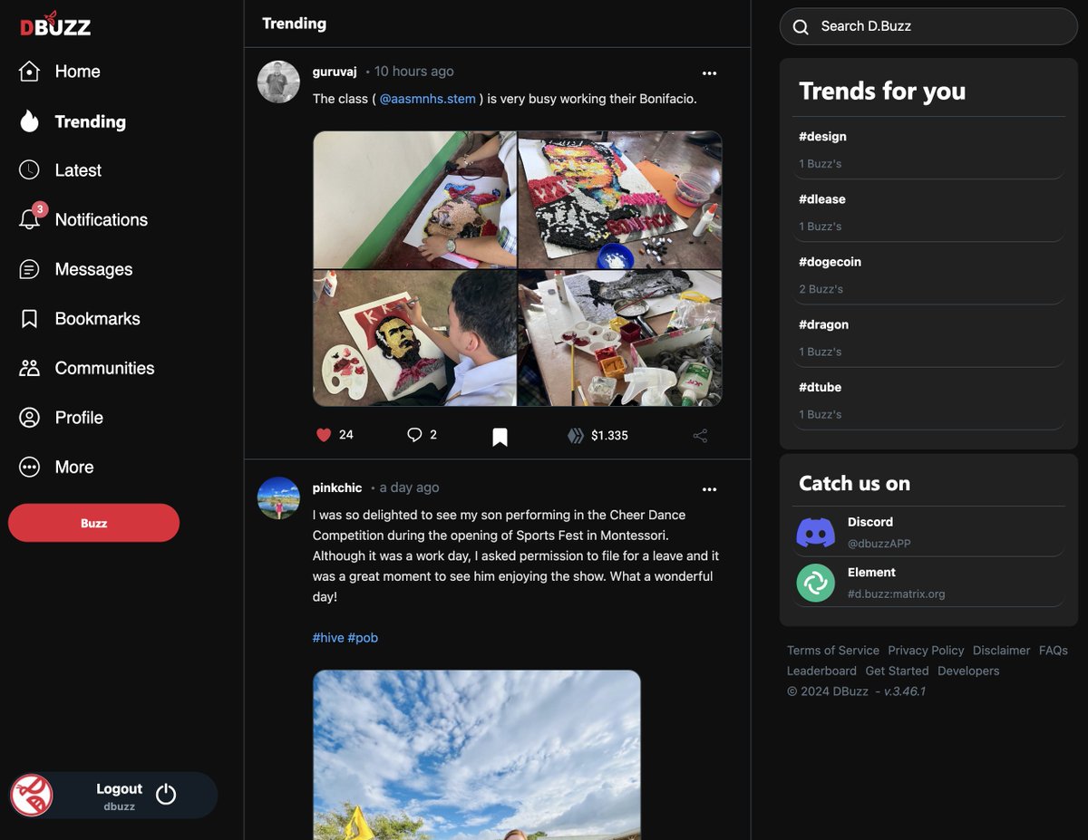 🚀 Big update! D.Buzz v3.46.1 is Live:

* Fresh UI/UX.
* Bug fixes.
* Sting (chat.d.buzz) integration.
* Confirmed as stable.

Coming soon: <a href="/MetaMask/">MetaMask 🦊</a> integration! Share your feedback! 🔥

$HIVE #DBuzz <a href="/hiveblocks/">Hive</a> 
#Developers #Crypto #Blockchain