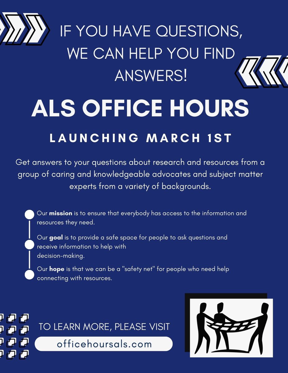 alshoneybadgers's tweet photo. The ALS Office Hours program kicks off tomorrow at 1 ET! Members of the ALS and research communities will be hosting the zoom each Friday to provide a safe place for people to find reliable and accurate information!

For more information, please visit https://t.co/0fkkAKjaKZ https://t.co/NdtCS0gU63