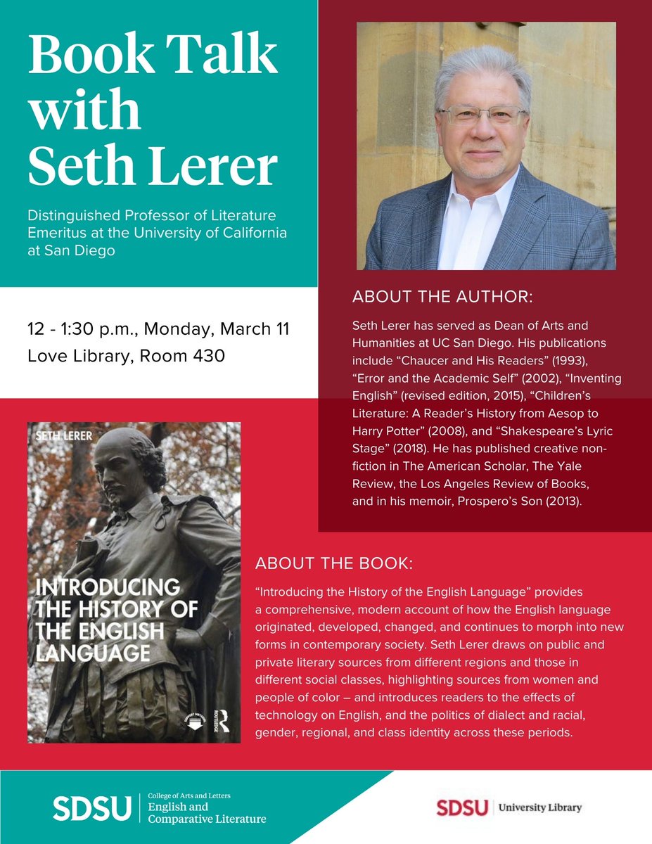 sdsuecl's tweet photo. Along with Love Library, we invite you to come hear Seth Lerer, Distinguished Professor of Literature Emeritus at UCSD, talk about his new book "Introducing the History of the English Language" (Routledge, 2024).

12-1:30 p.m. Monday, March 11
Love Library, Room 430 https://t.co/E1oDeWdE4r