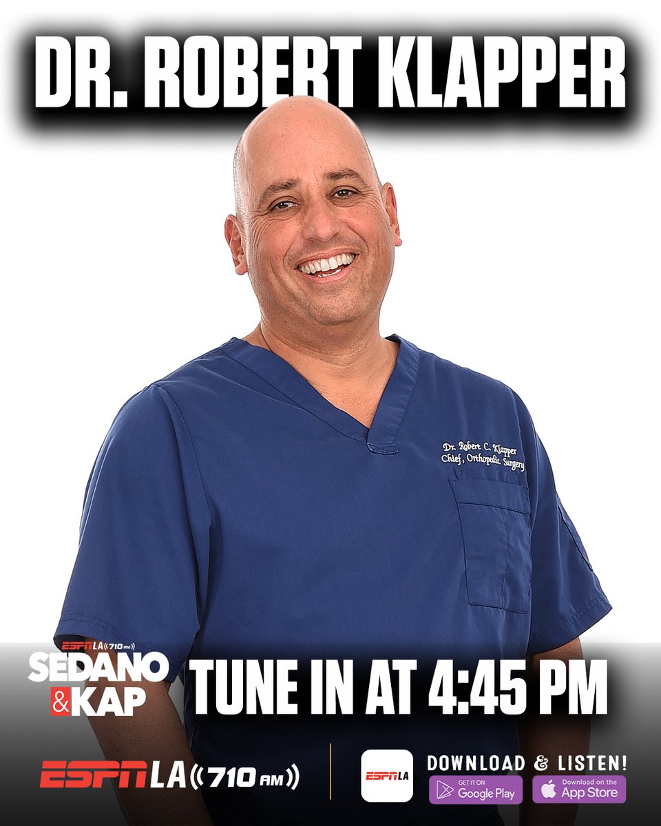 How are ya?! Don't miss @DrRobertKlapper with @Sedano & @ScottKaplan at 4:45 PM! #Klappervision
📲: ESPN LA app
📻: 710 AM
📺: YouTube.com/ESPNLA