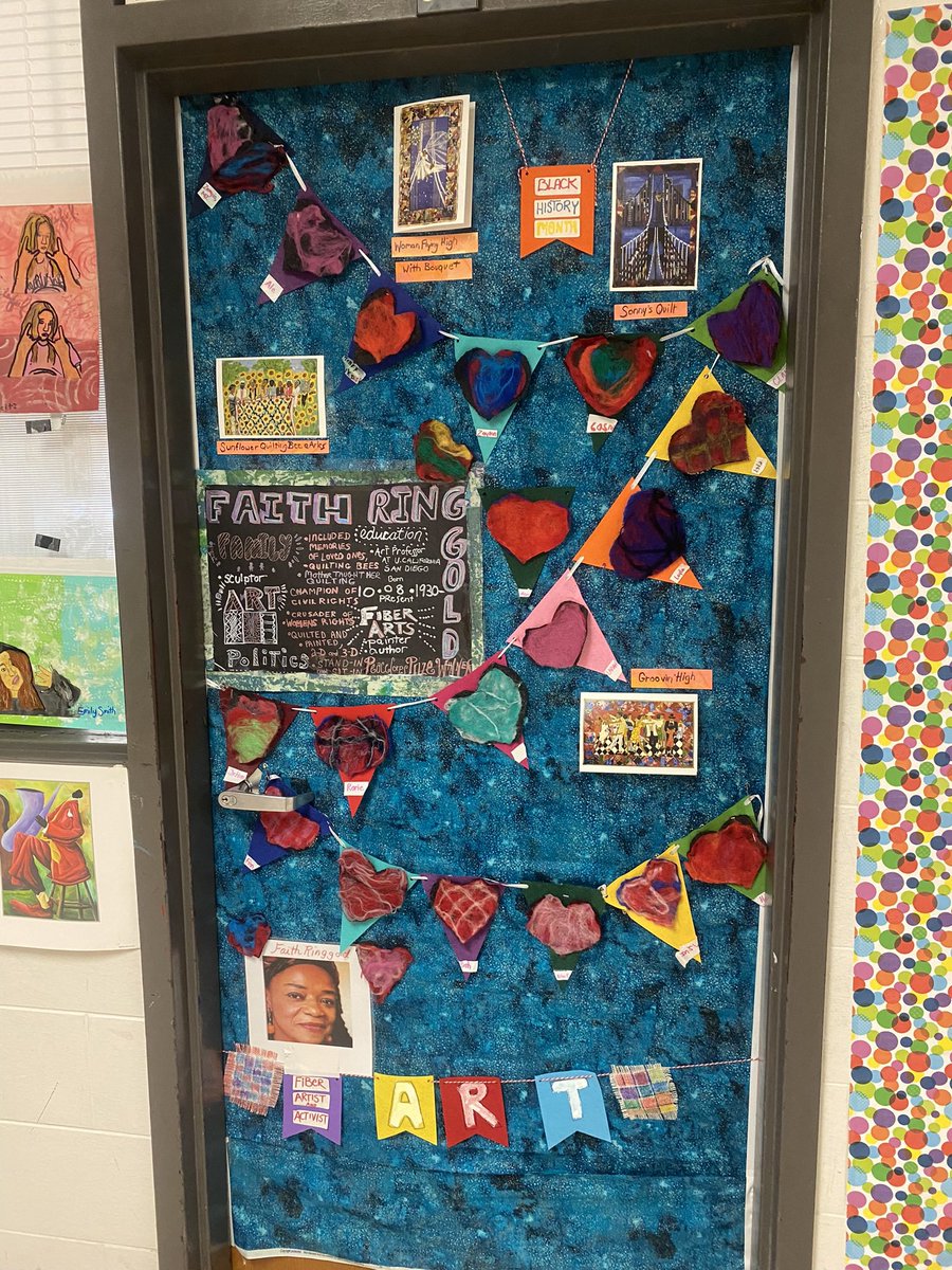 GoQLMS's tweet photo. The halls of QLMS have sported #blackhistorymonth displays throughout February. Today, Mrs. Reynolds’s art room door, dedicated to Black artist &amp; activist Faith Ringgold, was named the winner of our door decorating contest. Learn more here: https://t.co/A1OvvgC35n #PRIDEinUS https://t.co/z4nVVMxtSi