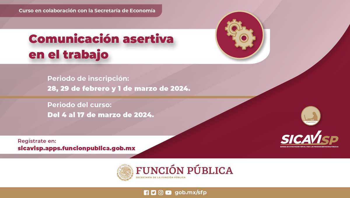BuenGobierno_mx's tweet photo. Persona servidora pública:
✅ La @SFP_mx y la @SE_mx te invitan a inscribirte al #CursoEnLinea «Comunicación asertiva en el trabajo».
➡️ https://t.co/lKeb4pWAUS https://t.co/Rro0AeKVeJ