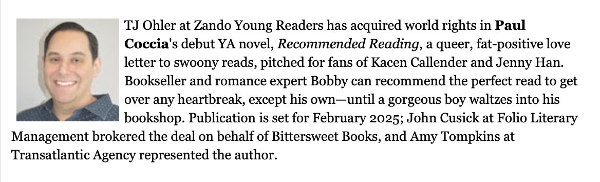 I'm glittering with excitement to announce my first acquisition @zandoprojects, the amazing and delightful RECOMMENDED READING by @pauljcoccia. It's been amazing working with Paul and the Bittersweet Team @johnmcusick @andimJULIE , and Mary Kole! 🧵#RecommendedReading