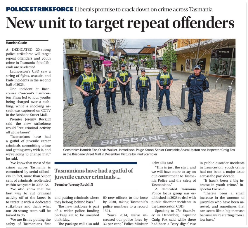 MegWebbTweets's tweet photo. A telling contrast in The Examiner today - a fear-based, non-evidence-based, dog-whistling election policy from the Liberals (note the comment from Tas Police in the article), and the sensible call from Grant Herring in the letters page for evidence-based justice reform.

If you are a 10-yr government announcing a policy to respond to a high level of recidivism, the problems you should be trying to solve are the failures of your justice and corrections systems - clearly your problem isn't catching people who commit crimes, it's making sure the justice and corrections systems are genuinely rehabilitative.  Instead, the Liberals have lurched to simplistic law and order vote grabbing by announcing a 'taskforce' and more police.

Self-interested vote grabs from major parties will not solve Tasmania's most difficult challenges - in fact, too often they simply entrench the problems that create those challenges. #politas