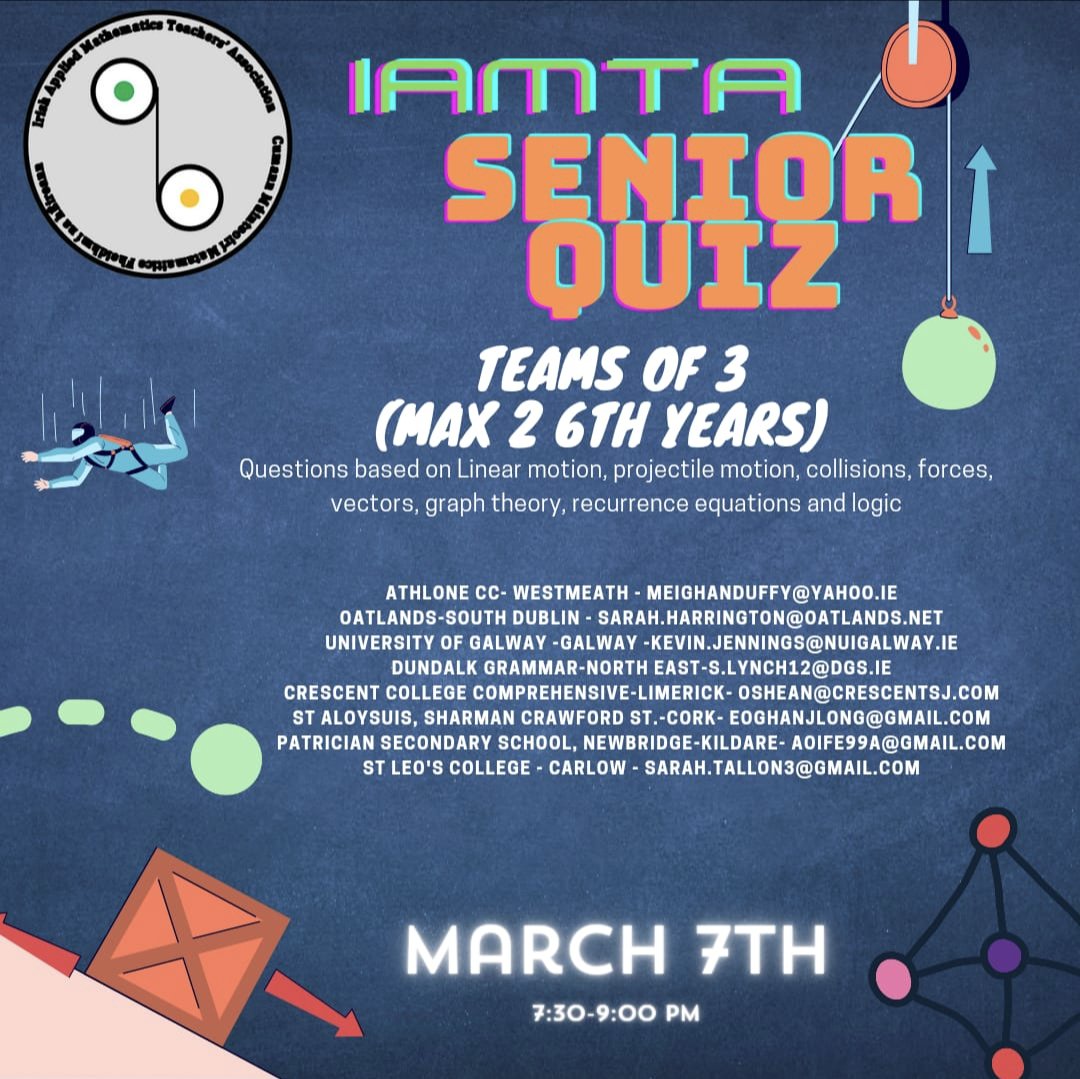 The countdown is on!! One week to go until our senior quiz. Entry fee per school is €30 for the first team, €20 for the second team and €10 for each additional team. Sign up now at iamta.ie and contact your local venue to confirm your place.
