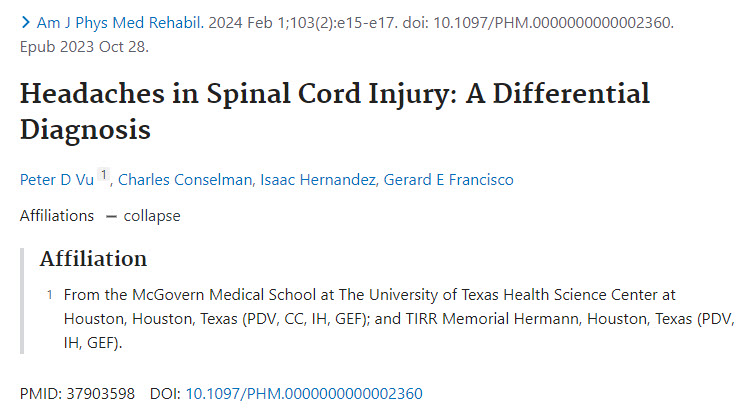 Want to build your DDx skills in #SCI #SpinalCordInjury 🦼🦽  #Physiatry #PhysiatryGME Check this resident-faculty collab!

💥 Headaches in Spinal Cord Injury: A Differential Diagnosis pubmed.ncbi.nlm.nih.gov/37903598/
@AJPMRjournal @UTHPMR @isaachdezpmr @McGovernMed #TIRRmh