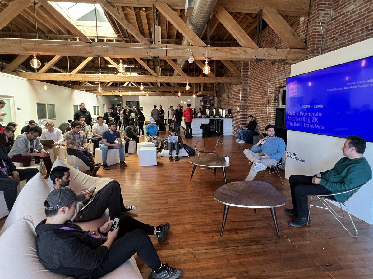 “<a href="/AMD/">AMD</a> x Wormhole: Accelerating ZK trustless transfers” with @hamid_r_salehi of AMD and <a href="/shadddowfax/">Saeed</a> of <a href="/wormhole_labs/">Wormhole Labs</a> @ Club Hologram. Now live streaming.