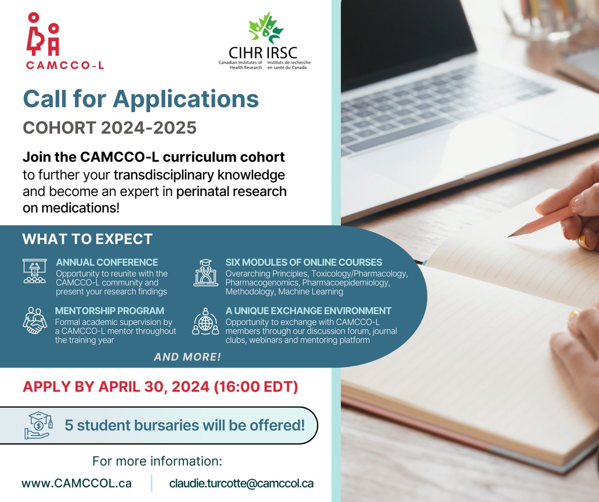 CAMCCO-L is recruiting graduate students & post-doc fellows across Canada for its Medications & Pregnancy training program! Virtual bilingual training, bursaries, & travel grants available! Apply now: bit.ly/3wAo99z #CAMCCO #ResearchOpportunity #MedicationsAndPregnancy