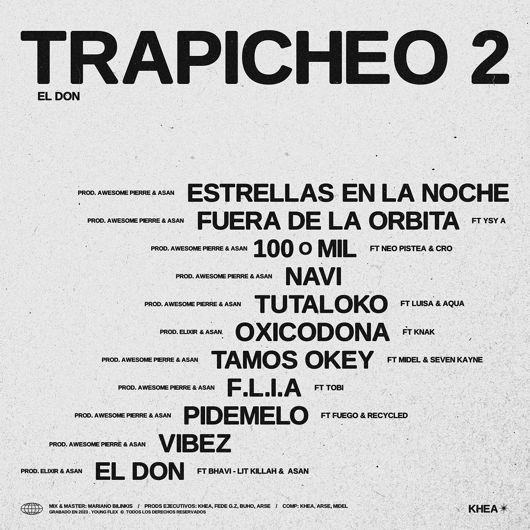 💿"TRAPICHEO VOL. 2" - INVITADOS:

• YSY A 🇦🇷
• Neo Pistea 🇦🇷
• C.R.O 🇦🇷
• Luisa 🇦🇷
• Aqua 🇨🇱
• Knak 🇺🇾
• Midel 🇦🇷
• Seven Kayne 🇦🇷
• Tobi 🇦🇷
• Fuego 🇩🇴
• Recycled J 🇪🇸
• Bhavi 🇦🇷🇧🇪
• LIT killah 🇦🇷
• Asan 🇦🇷
