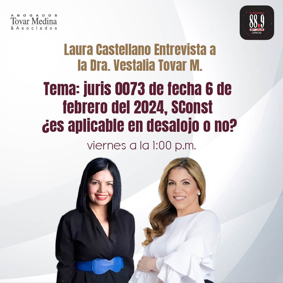 VestaliaTovarM's tweet photo. Los invito a que sintonicen la emisora 88.9 FM la Romántica este viernes 1 de marzo del 2024 a la 1:00 pm, donde estaré acompañada de la periodista Laura Castellano, abordando la jurisprudencia 0073 del 6/02/2024 de la Sala Cons sobre la materia inquilinaria. Los espero #legal https://t.co/UyYiQbFHOC