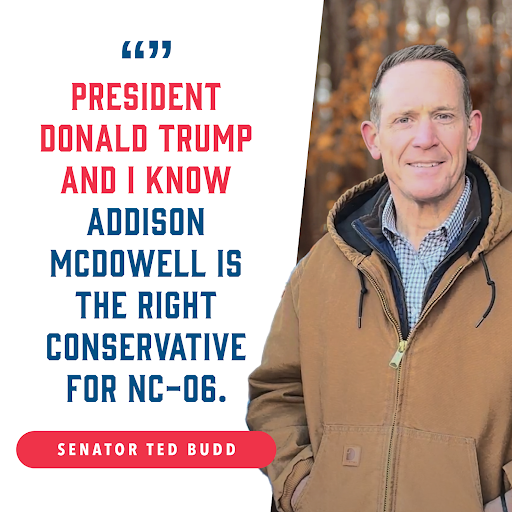 Thank you for the kind words from my friend and former boss, @TedBuddNC. Senator Budd is right, I am the right conservative for #NC06–that’s why President Trump endorsed me in this race! I’m ready to fight to bring jobs back to the U.S., secure the border, and defend our 2nd