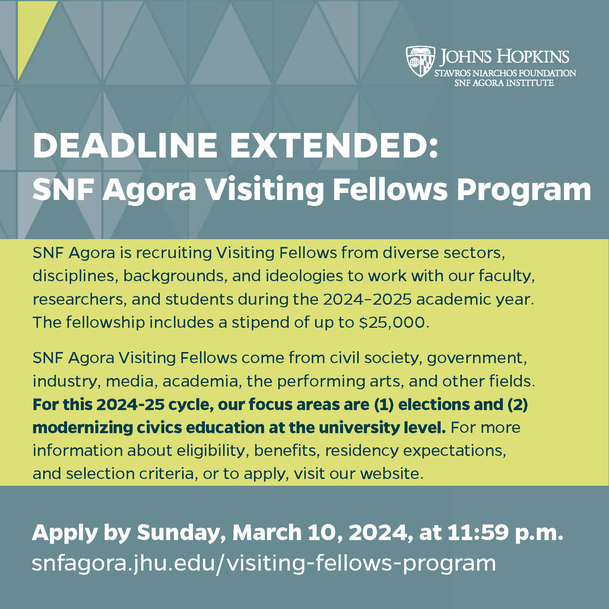 The SNF Agora Institute is now welcoming applications for our 2024-2025 visiting fellows cohort through Sunday, March 10, at 11:59 p.m. Apply here: lnkd.in/egYZbX5Q