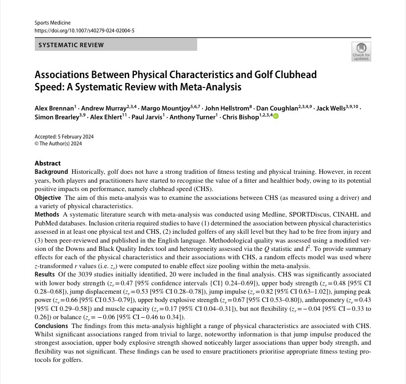 DrChrisBishop's tweet image. 📄 The biggest meta-analysis on physical performance in golf to date, is now officially published in @SportsMedicineJ.
🔬 A huge piece of work as part of Alex Brennan’s PhD, with a lot of help from a cracking team!
🔓 Open access here: link.springer.com/article/10.100….