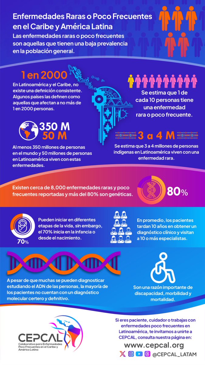 CEPCAL_LATAM's tweet photo. En el #DiaMundialEnfermedadesRaras hoy 29 de febrero celebramos el éxito del 4to Simposio Internacional del Día de las #EnfermedadesRaras #SIDERmx2024 organizado con @ReMexER1 @LIIGH_UNAM y compartimos una infografía informativa sobre #EnfermedadesPocoFrecuentes en Latinoamérica https://t.co/B1iFRm1KWh