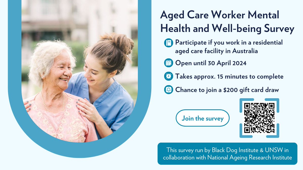 ADHERe_Centre's tweet photo. Black Dog Institute and UNSW in collaboration with National Ageing Research Institute, have launched a national survey to better understand the mental health and wellbeing needs of aged care workers. Survey link: https://t.co/NbrhYNeJHa
#mentalhealth #Australia #nursing #agedcare https://t.co/dPbRT5K2eg