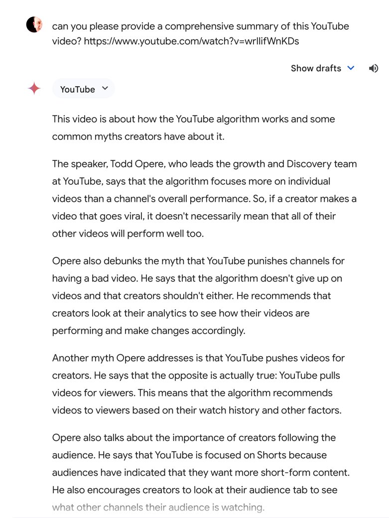 Matt McGee on X I love asking Gemini to summarize YouTube videos. An 11 minute video shortened to about 30 seconds of reading material. https t vsTZMO64fH X
