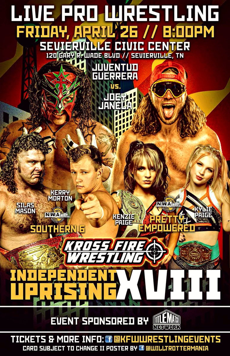 Huge Event for <a href="/KfwTn/">KFWWrestlingTN</a> as the Kross Fire Champion <a href="/JUVENTUDGUERRE2/">#ElCEOdeLaLuchaLibre</a> the Legendary Luchador himself takes on "Bad Boy" <a href="/JANELABABY/">“The Bad Boy” Joey Janela</a> on April 26th in Sevierville, TN.
Seen only on <a href="/TitleMatchWN/">Title Match Network</a>