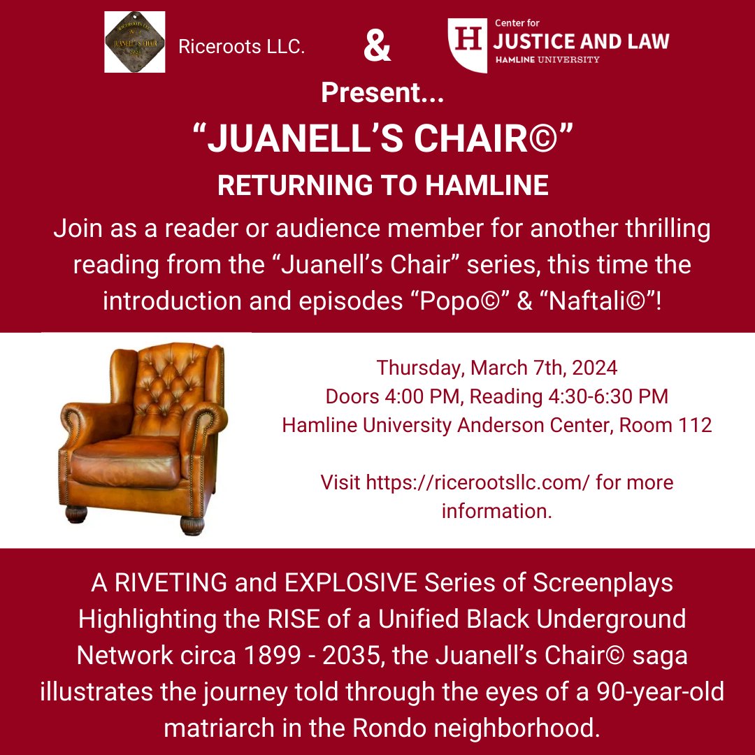 Join us on March 7th from 4:30-6:30 PM in ANDC 112. For another thrilling reading from the “Juanell’s Chair” series, this time the introduction and episodes “Popo©” &amp; “Naftali©”! 
Visit ricerootsllc.com for more information.
