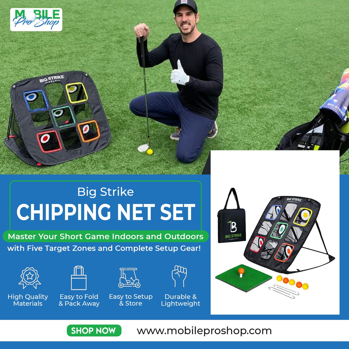 Big Strike Chipping Net Set  Master Your Short Game Indoors and Outdoors with Four colored Target Zones and Complete Setup Gear!

#BigStrikeGolf #ChippingNet #GolfTraining #IndoorOutdoor #PrecisionPractice #GolfGear #TargetZones #ElevateYourGame #GolfTrainingAids