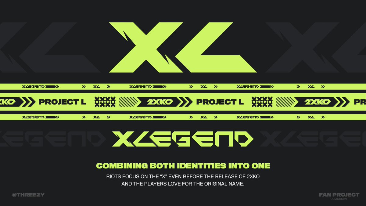 threezy's tweet image. XL, or XLegend,
my take on a 2XKO rebrand

Combining Riots "X" from in game visuals and 2XKO, the "L" from Project L, and "Legend" from League, I think this is the best direction they could take.

More information in thread.