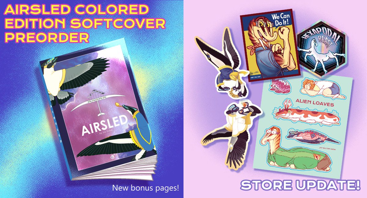 Store update! There's the first color printing of Airsled, new stickers, a reprint of Growth Chart, restocks of the first four volumes of Almost Real, and a bunch of older stock on sale. Take a peek if you're interested. jayeaton.store