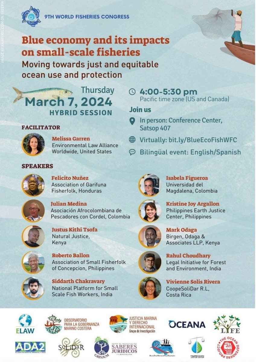 This session will have interesting visions from SSF and organizations. From Mesoamerican Marine Territories initiative will have the participation of Felicito Nuñez from the Garifuna Territory and Vivienne Solis from CoopeSoliDar R.L. 🗓March 07 🔗 bit.ly/BlueEcoFishWFC