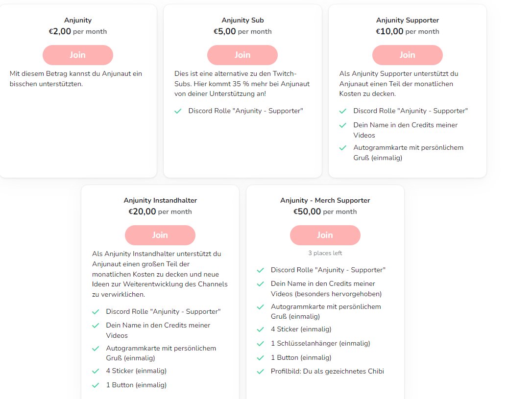 Merchupdate:

Es ist nun möglich ab dem 20 € Level einen Button zu erhalten. Ab dem 50 € Lvl kann man nun zusätzlich noch ein Profilbild "Du als Chibi" von mir erhalten. Danke für euren Support!  ko-fi.com/anjunaut/tiers
#Werbung #kofi #Anjunaut #Twitch