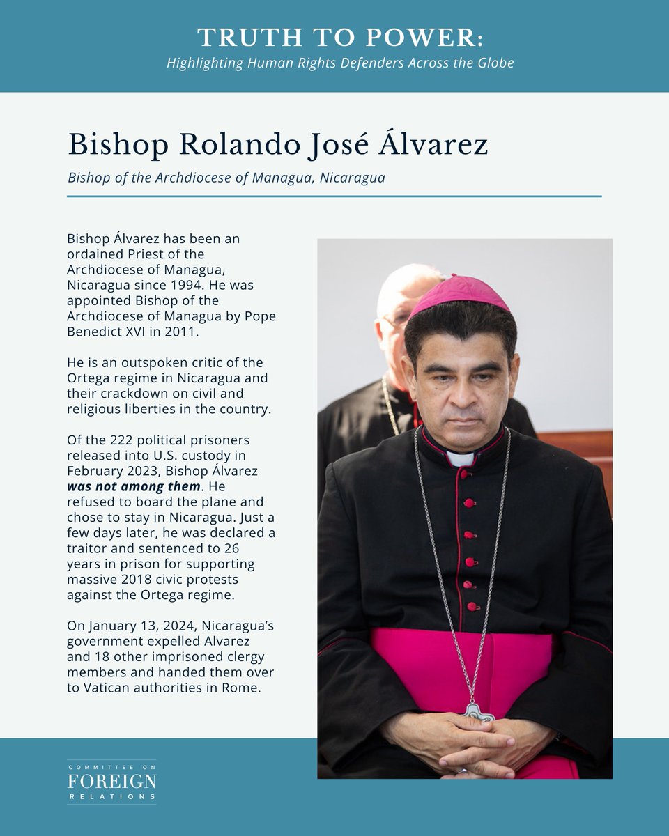 SFRCdems's tweet photo. Bishop Rolando José Álvarez was unjustly jailed for over a year because he dared criticize the Ortega-Murillo regime's repression of civil and religious liberties.
Learn more about this brave #HumanRightsDefender's fight for religious freedom in our #TruthToPowerSeries ⬇️ https://t.co/2mGMDle8VG