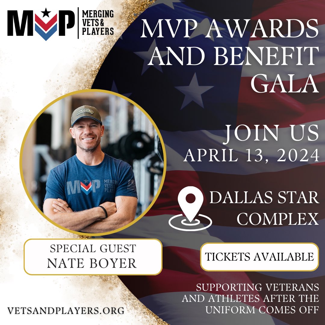 We’re excited to share the confirmed attendance of MVP Cofounder @NateBoyer37 for the MVP Awards & Benefit Gala! Tickets, Tables, & Sponsorship Packages are still available at vetsandplayers.org/mvp-gala-2024 #MVP #Gala #Fundraiser #Health #Wellness #Veterans #Athletes