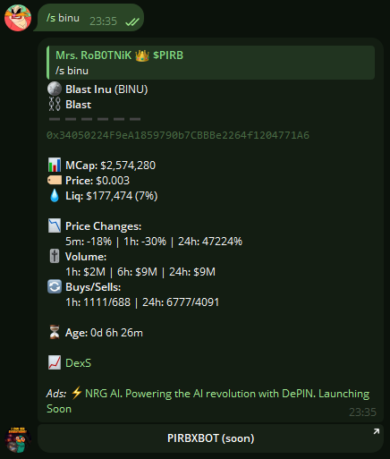 PIRB_ERC20's tweet photo. #PIRBView supports @Blast_L2 scans now!
Supported scan types:
- Short scan with /i CA/NAME
- Semi-detailed scan with /s CA/NAME
- Chart with /c CA/NAME
- Chart w/ Fibonacci Levels and RSI with /ta CA/NAME
- Chart w/ Bollinger Bands with /bol CA/NAME
- Chart w/ Moving Averages with /ma CA/NAME
- Chart w/ Exponential Moving Averages with /ema CA/NAME
- Chart w/ Stochastik Momentum Index with /smi CA/NAME
Security checks for contract functions will be added soon.
Try it out now by sending https://t.co/26j8RhhRpO a private message!
-------------------
⚠️ Buy my $PIRB token to receive REVENUE SHARE from all bot income and receive FREE ACCESS to my premium bots!
Web: https://t.co/BVheRG0cpx
TG: https://t.co/DVss0I41WF
Whitepaper: https://t.co/GjlIn5zkun
-------------------
#PIRB #Blast_L2 #blastairdrop #BlastEcosystem #blastdex #DYORSwap #Thruster