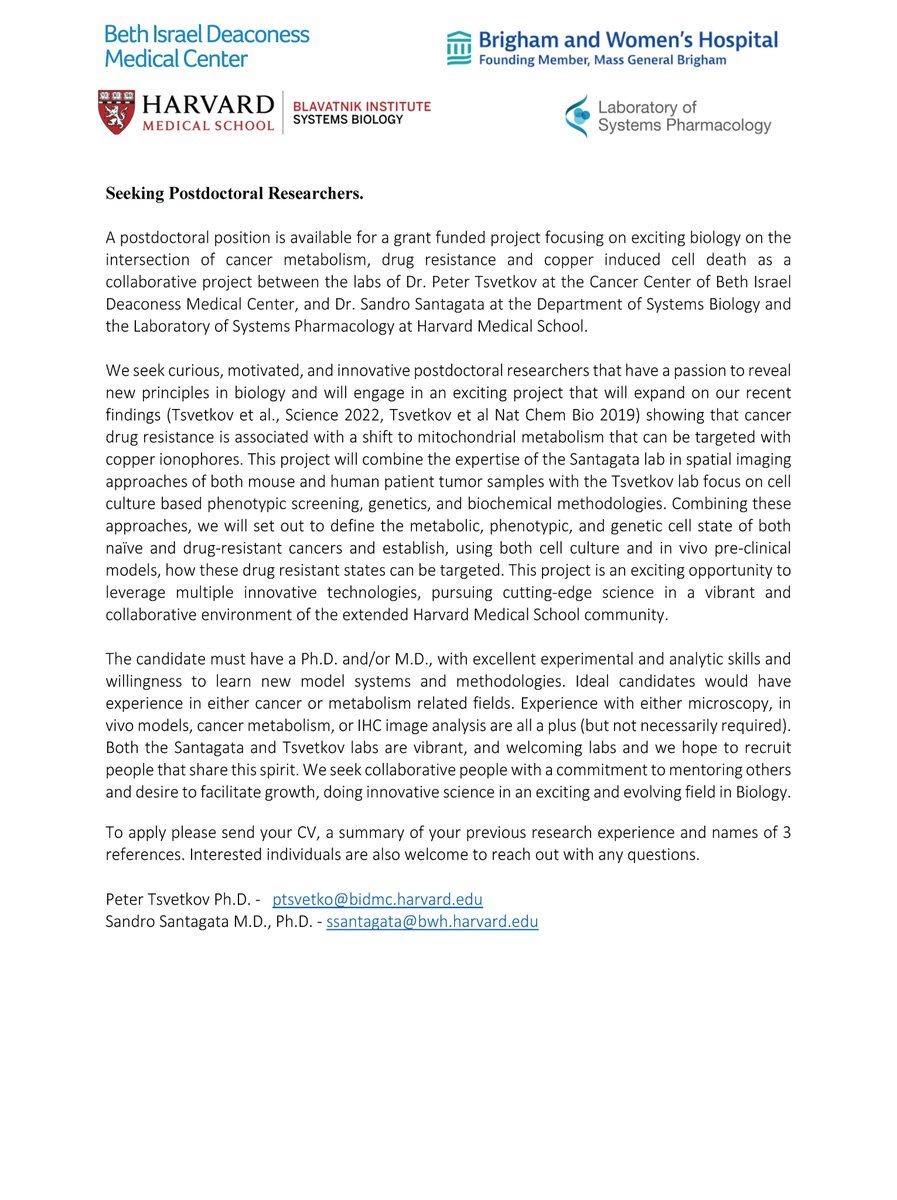 In collaboration with @SantagataLab , #postdoctoral  position available for a project on the intersection of #cancermetabolism, #drugresistance and #cuproptosis. Combining spatial imaging of tumors  with genetics and biochemical methodologies doing cool translational research
