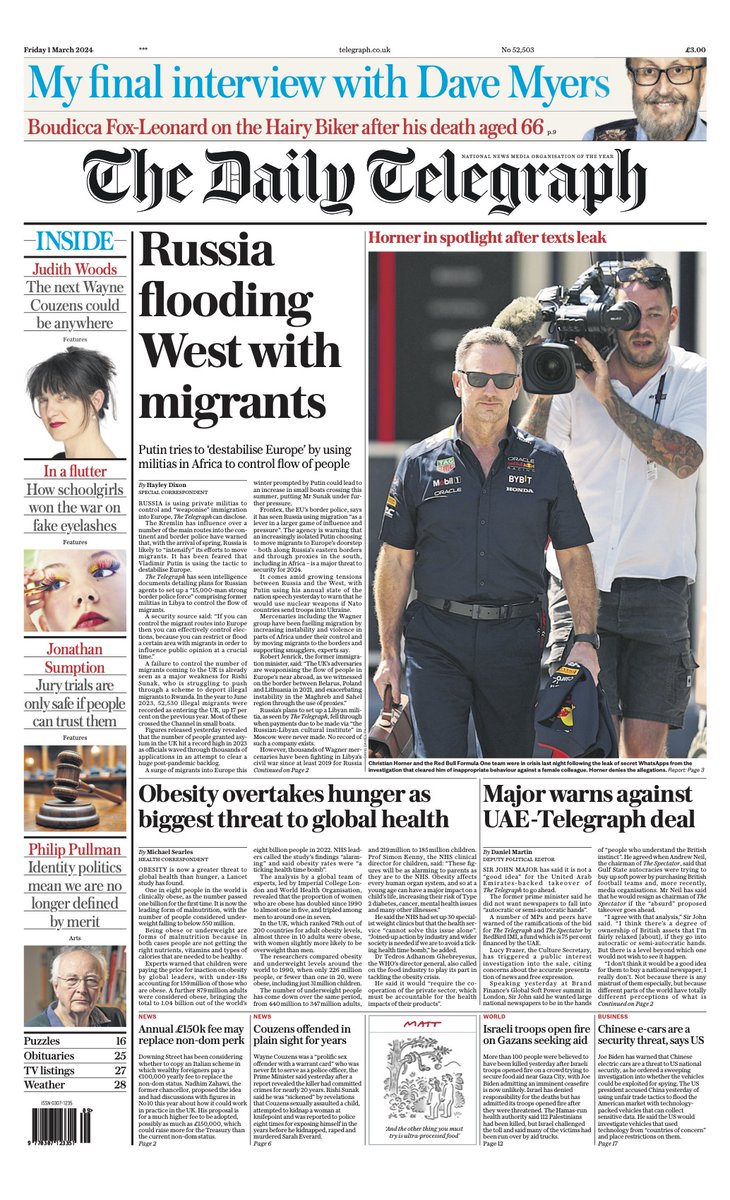 The front page of tomorrow's Daily Telegraph: 'Russia flooding West with migrants' #TomorrowsPapersToday Sign up for the Front Page newsletter telegraph.co.uk/frontpage-news…