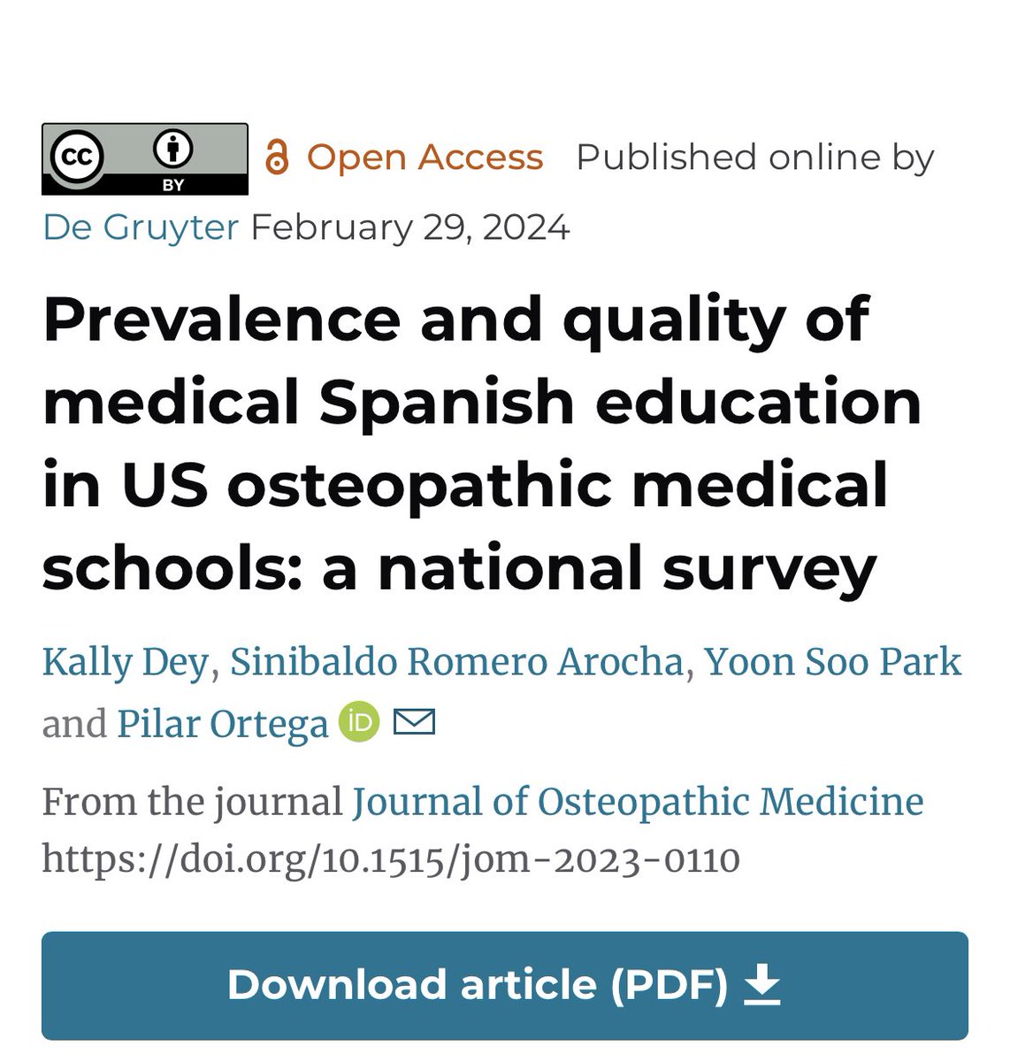 Kally Dey, DO (@kalthegal_) on Twitter photo Beyond excited to share that our passion project,
Prevalence and quality of medical Spanish education in US osteopathic medical schools: a national survey
is LIVE! 🌟 in <a href="/JOsteoMed/">Journal of Osteopathic Medicine</a>
BIG thank you to my team <a href="/pilarortegamd/">Pilar Ortega</a> <a href="/mdphdintraining/">Sinibaldo R. Romero Arocha</a> <a href="/YoonSooPark2/">Yoon Soo Park</a>
doi.org/10.1515/jom-20… Beyond excited to share that our passion project,
Prevalence and quality of medical Spanish education in US osteopathic medical schools: a national survey
is LIVE! 🌟 in <a href="/JOsteoMed/">Journal of Osteopathic Medicine</a>
BIG thank you to my team <a href="/pilarortegamd/">Pilar Ortega</a> <a href="/mdphdintraining/">Sinibaldo R. Romero Arocha</a> <a href="/YoonSooPark2/">Yoon Soo Park</a>
doi.org/10.1515/jom-20…