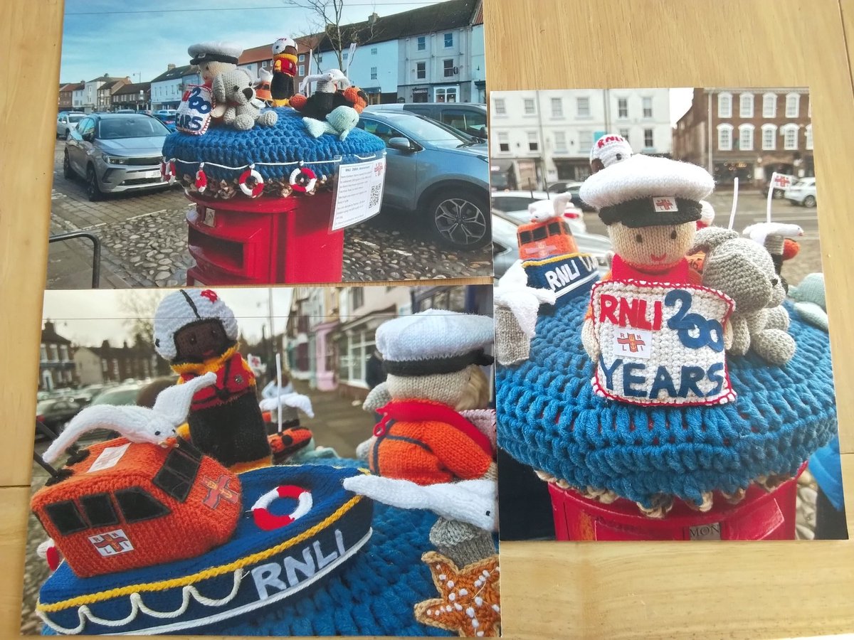RetiredJohnR's tweet photo. @RNLI  A post box topper knitted by Yarm Knitters for Redcar RNLI Currently on display in nearby Yarm, getting a lot of interest. Seagull has a chip in its mouth The dog is our mechanics dog "Scruff" The D Class bears Redcar's number D786 the ALB could belong to Hartlepool https://t.co/y4u4Jd2juu