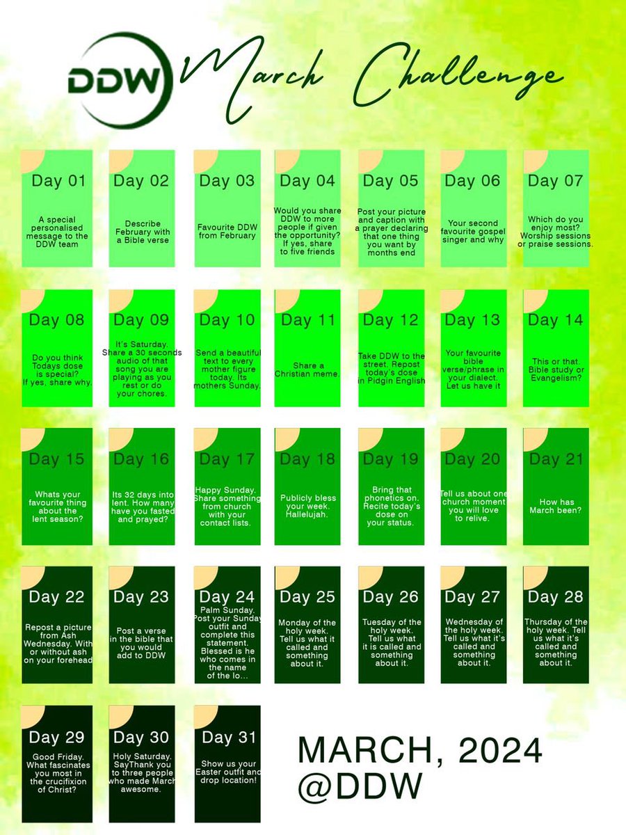 DDWOfficia's tweet image. As we co to the end of the month February you might want to join many young folks in undertaking this March challenge. 

I hope you have fun! 
Happy new month in advance 

#DDW
#DailyDoseofWisdom
#WisdomChallenge 
#DDWChallenge