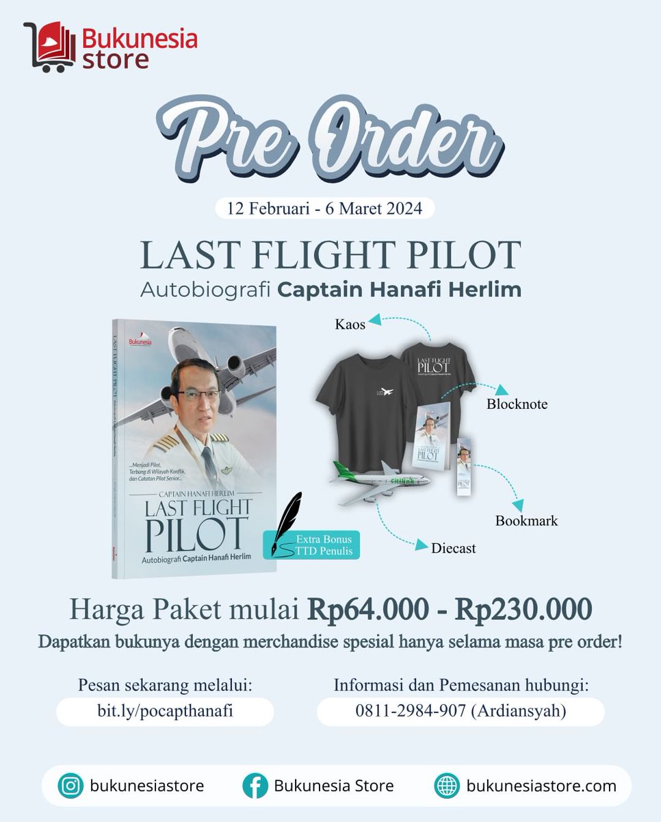 bukunesiastore's tweet image. Yuk ikutan PO mumpung banyak bonus eksklusifnya nih.
Cari tahu perjuangan Capt. Hanafi hingga menjadi pilot senior yang mengudara selama 42 tahun selengkapnya di buku ini ya!
Pesan di bit.ly/pocapthanafi
atau
Bisa langsung Klik Link di Bio ya!
#preorderbuku #pobuku