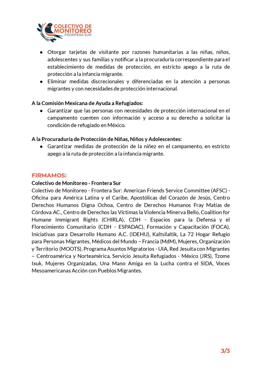 ⚠️#AlertaFronteraSur 🟠 Alrededor de 800 personas esperan respuestas del Instituto Nacional de Migración (INM) en campamentos con condiciones que ponen en riesgo su integridad. 🟠 Llamamos de manera urgente a que las autoridades correspondientes respondan a la situación.