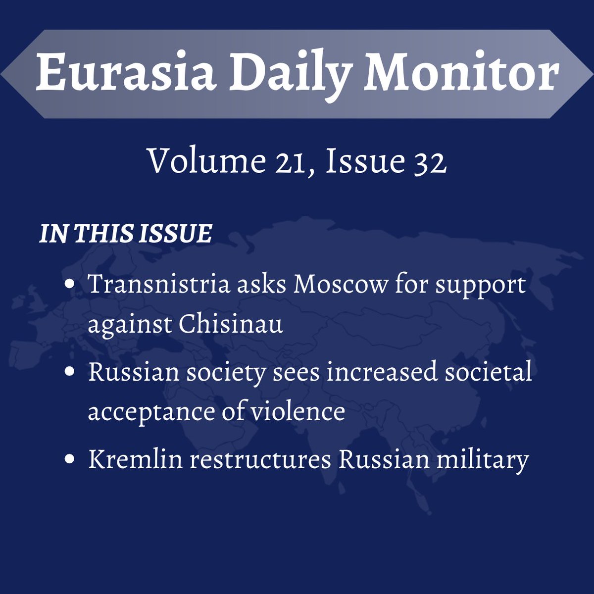 Eurasia Daily Monitor @EDMJamestown Volume 21, Issue 32 February 29, 2024 Featuring articles from: Paul Goble (@PaulGoble1) Ksenia Kirillova (@KirkseniyaSF) Pavel Luzin (@pavel_luzin) Read whole issue here: mailchi.mp/jamestown/eura…