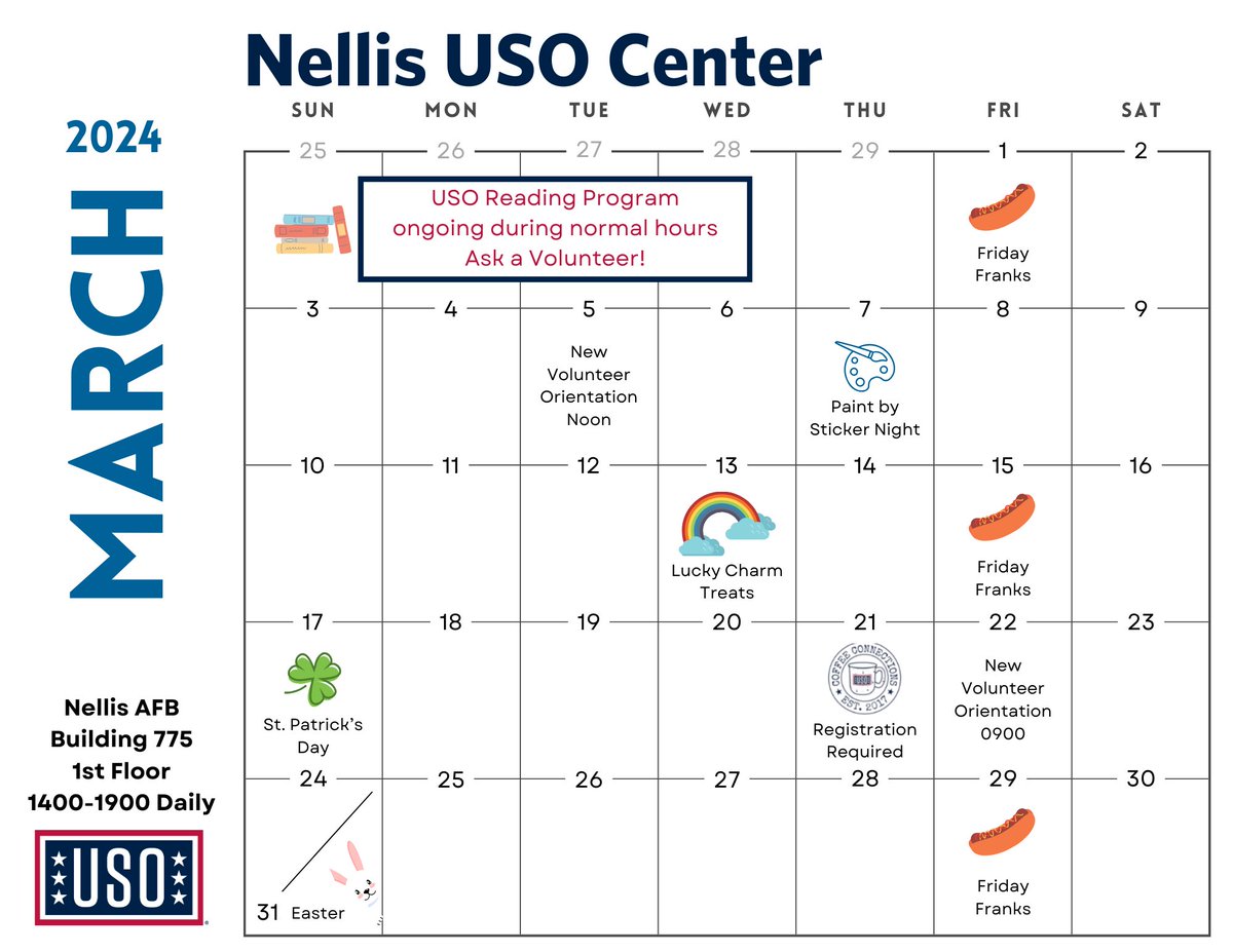 Come check out what we've got going on at Nellis USO! All programs are first come first served, while supplies last, unless specified. Coffee Connection details and registration can be found here: brnw.ch/21wHsw3