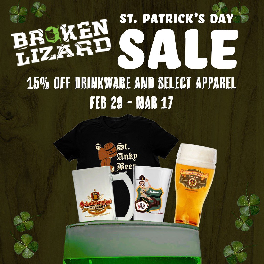 Oh happy day! It’s almost St. Patrick’s Day! Every beer drinkers favorite holiday! Broken Lizard merch is now on sale through March 17th. Click the link in bio to save while you can! #sale #brokenlizard #merch