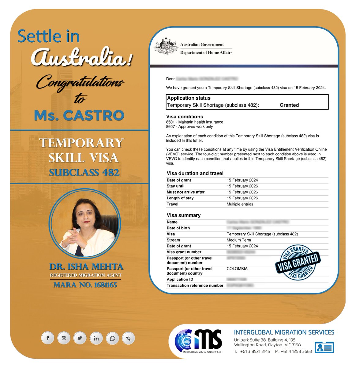 ims_migration's tweet image. 🇦🇺 Temporary Skill Shortage (Subclass 482) Visa Granted for Ms. CASTRO !
Colombia Passport Holder !
Congratulation on your Visa Grant !

#Australiavisa #Skillvisa #Visa2024