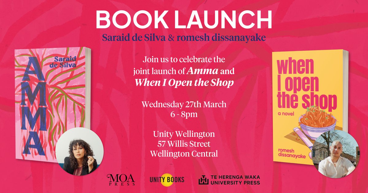 Please join us for the double #booklaunch of WHEN I OPEN THE SHOP by romesh dissanayake and AMMA by Saraid de Silva, 6pm on Wednesday 27 March at @unitybookswgtn. All welcome! @ethnic_grocery @saraiddesilva teherengawakapress.co.nz/when-i-open-th…